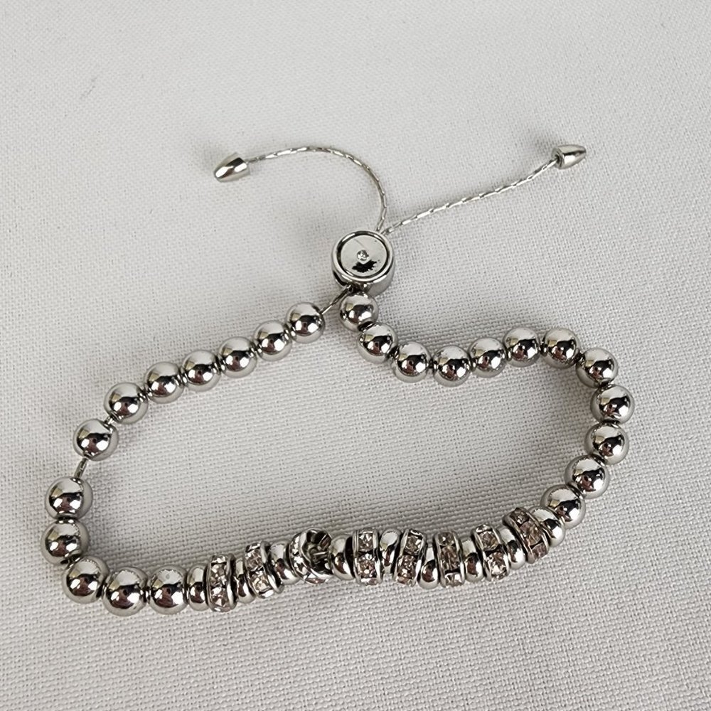 Silver Beaded Rhinestone Metallic Adjustable Bracelet - Picture 2 of 4
